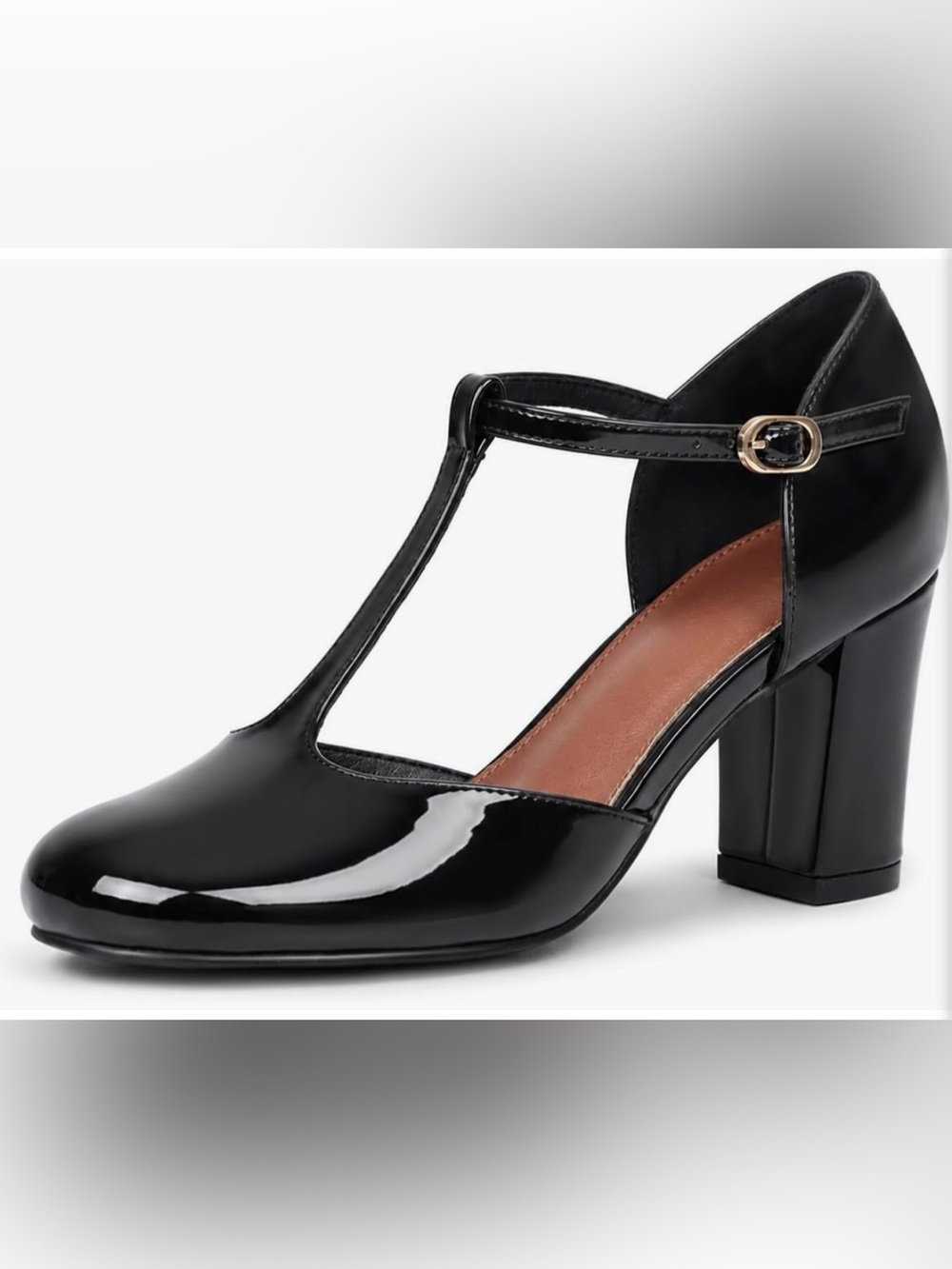Classic Black Patent T-Strap Block Heel Pump NEW SZ 9.5